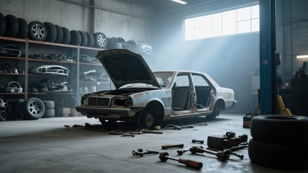 частично разобранный старый седан в автомастерской